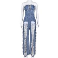 Polyester & Cotton Ripped & Slim & Tassels Long Jumpsuit frayed Solid blue PC