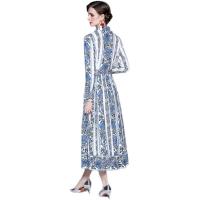 Polyester Waist-controlled One-piece Dress large hem design & slimming printed floral blue PC