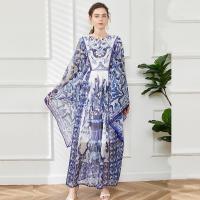 Tencel & Polyester Waist-controlled One-piece Dress large hem design & slimming printed floral blue PC