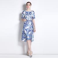 Polyester Waist-controlled One-piece Dress large hem design & slimming & side slit Tencel printed floral blue PC