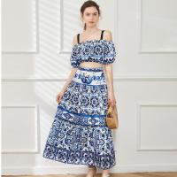 Polyester Soft & Slim Two-Piece Dress Set midriff-baring & slimming Polyester printed floral blue PC