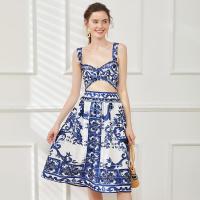 Polyester Soft & Slim Two-Piece Dress Set midriff-baring & slimming Polyester printed floral blue PC