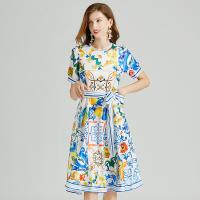 Polyester Slim & High Waist One-piece Dress slimming printed floral blue PC
