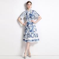 Polyester Soft & Slim & High Waist One-piece Dress printed floral blue PC