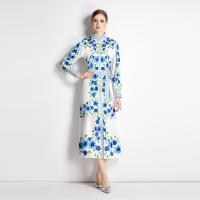 Polyester Soft & Slim & long style & High Waist One-piece Dress printed floral blue PC