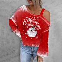 Polyester Women Long Sleeve T-shirt christmas design & loose printed red PC