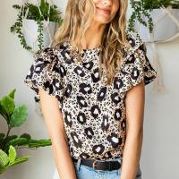 Polyester Women Short Sleeve Blouses & loose printed leopard PC