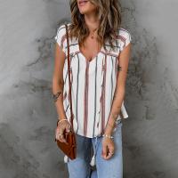 Polyester Women Short Sleeve Blouses & loose printed striped PC