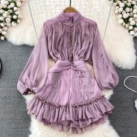 Chiffon Waist-controlled One-piece Dress slimming Solid : PC