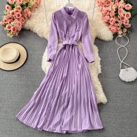Polyester Pleated One-piece Dress large hem design patchwork Solid : PC