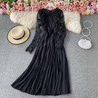 Lace & Polyester Waist-controlled & Pleated One-piece Dress large hem design & hollow Solid : PC