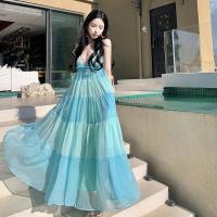 Polyester Slip Dress large hem design & deep V & loose patchwork sky blue PC