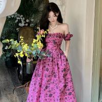 Polyester Slim & High Waist Tube Top Dress backless printed floral fuchsia PC