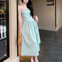 Polyester Slim & High Waist Slip Dress backless patchwork Solid sky blue PC