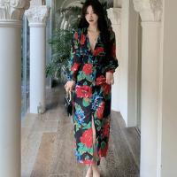 Polyester High Waist One-piece Dress side slit printed floral PC