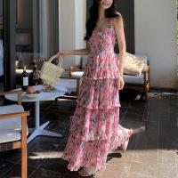 Polyester High Waist Slip Dress backless printed shivering pink PC