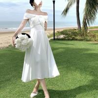 Polyester long style One-piece Dress & off shoulder patchwork Solid white PC