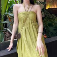 Polyester High Waist Halter Dress & off shoulder Solid yellow PC