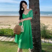 Polyester High Waist One-piece Dress & hollow & tube patchwork Solid green PC