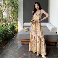 Polyester Waist-controlled Slip Dress large hem design & backless printed floral yellow PC