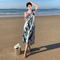 Polyester A-line Beach Dress backless patchwork butterfly pattern blue PC