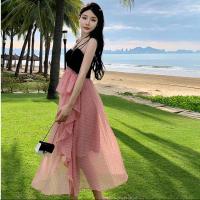 Polyester High Waist Slip Dress backless & fake two piece patchwork Solid pink PC