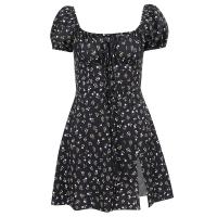 Polyester Slim One-piece Dress slimming & side slit & breathable printed shivering black PC
