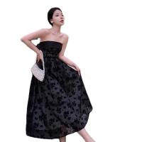 Polyester Waist-controlled Short Evening Dress & off shoulder & tube jacquard floral black PC