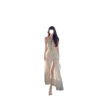 Polyester Slip Dress mid-long style & side slit & hollow patchwork Solid white PC
