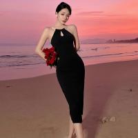 Polyester Slim Slip Dress backless & hollow stretchable Solid black PC