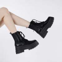Rubber & PU Leather heighten & Flange & side zipper & high top Women Martens Boots Solid black Pair