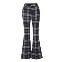 Polyester Slim & bell-bottom Women Long Trousers printed plaid blue PC