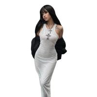 Polyester Slim One-piece Dress see through look printed Cross Pattern white PC