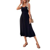 Viscose Fiber Waist-controlled One-piece Dress mid-long style & off shoulder Solid black PC