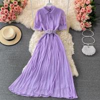 Polyester Pleated & High Waist One-piece Dress slimming dot : PC