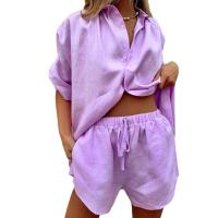 Polyester Women Casual Set & two piece & loose short & long sleeve shirt Solid Set
