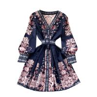 Mixed Fabric lace & Waist-controlled One-piece Dress slimming printed floral Navy Blue PC