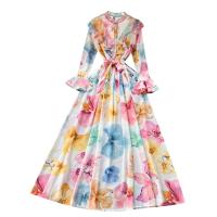 Mixed Fabric lace & Waist-controlled & Soft One-piece Dress slimming printed floral multi-colored PC