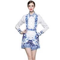Mixed Fabric Waist-controlled & Soft & High Waist Women Casual Set slimming printed floral blue PC