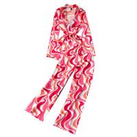 混合ファブリック 女性カジュアルセット 平織り ストライプ ピンク 一つ