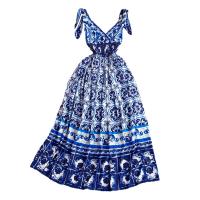 Mixed Fabric Soft & Slim One-piece Dress slimming & breathable printed floral blue PC