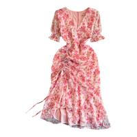 Mixed Fabric Waist-controlled & Soft & Slim One-piece Dress slimming & breathable stretchable floral pink PC