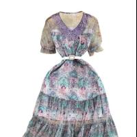 Mixed Fabric Waist-controlled & Soft & Slim One-piece Dress slimming & breathable printed floral purple PC