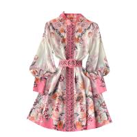 Mixed Fabric Waist-controlled & Soft & Slim & High Waist One-piece Dress see through look & slimming printed floral multi-colored PC