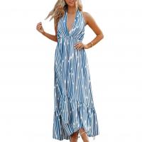 Polyester One-piece Dress large hem design & deep V & loose striped blue PC