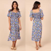 Rayon Waist-controlled One-piece Dress & loose printed floral blue PC