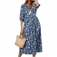 Rayon High Waist One-piece Dress & loose printed floral Navy Blue PC
