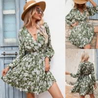 Rayon Waist-controlled One-piece Dress deep V printed floral green PC