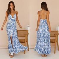 Rayon Waist-controlled One-piece Dress deep V & side slit & backless & off shoulder printed leaf pattern blue PC