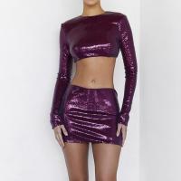 Sequin & Polyester Slim & Crop Top Nightclub Set & two piece Skirt & top patchwork Solid purple Set